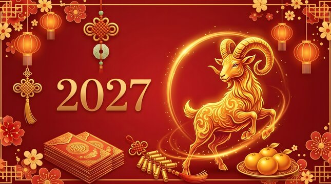 Chinese New Year 2027 Year of the Goat Golden Goat Circular Frame Festive Red Illustration