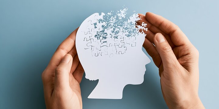 Elderly memory loss and dementia concept with scattering puzzle inside paper head profile, world alzheimers day