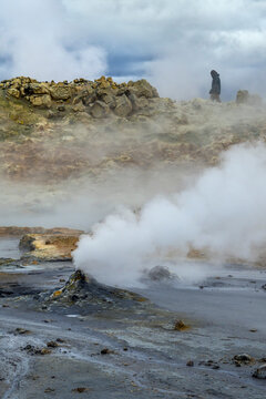 Steaming fumaroles on geothermal site at Hverir - Iceland