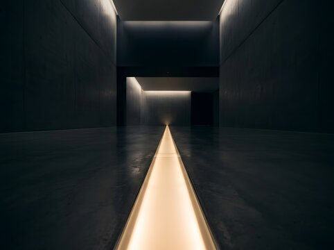 Minimalist concrete corridor with glowing light strip leading to a darkened doorway