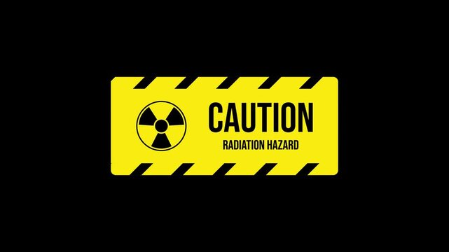 Caution radiation hazard warning sign with radioactive symbol, yellow safety barrier and danger message for nuclear safety on transparent background