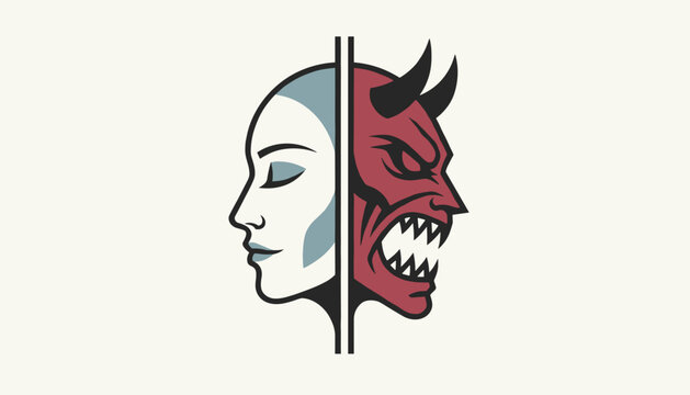 Split face showing a calm female side and an angry red devil side, symbolizing inner conflict and jekyll and hyde personality.