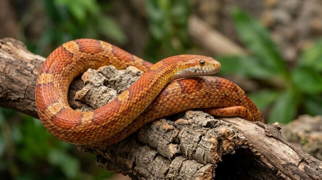 Corn snake coiled on a dry tree branch. Orange and yellow reptile with detailed scales in a natural environment. Exotic pet and wildlife concept