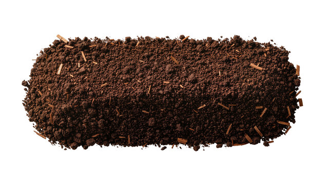 Rich dark soil with tiny wood fragments, isolated on transparent background