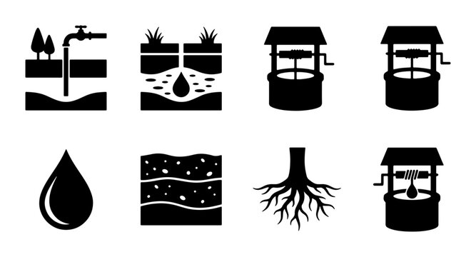 Water Well Icons, Groundwater Collection, Rural Water Source, Hydrology Science Vector Set