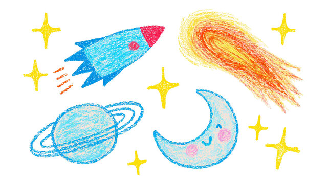 Blue rocket ship and ringed planet with smiling moon, isolated on transparent background
