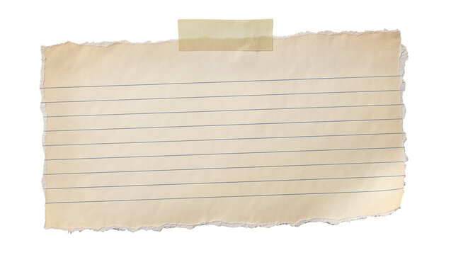 Torn lined paper note with tape, isolated on transparent background