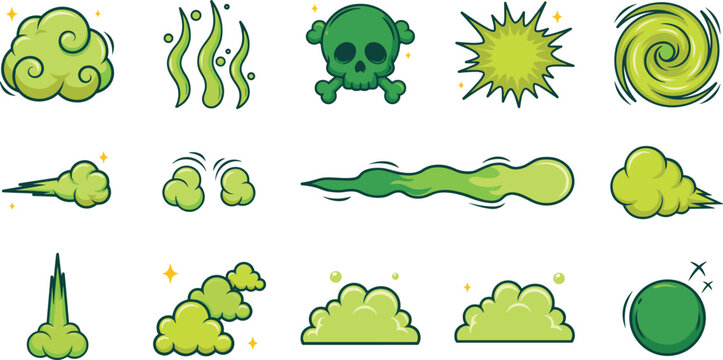 Green Toxic Smelly Gas and Fart Clouds Icon Set with Bad Odor Smoke Stench Waves and Poison Skull Symbols for Game Design