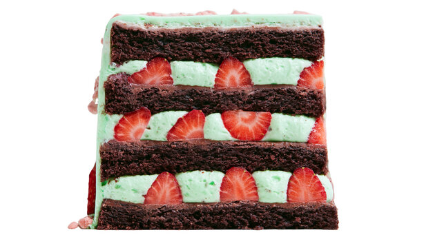 Decadent chocolate cake slice with mint cream and fresh strawberries, isolated on transparent background
