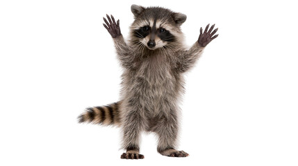 Fluffy raccoon with striped tail standing on hind legs arms raised, isolated on transparent background © Matteo