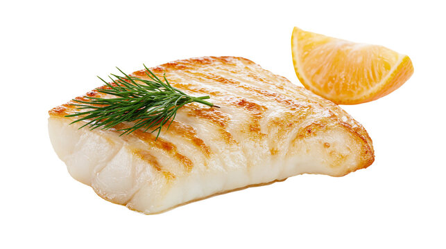 Grilled white fish fillet with dill sprig and orange slice, isolated on transparent background