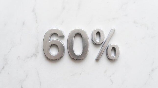 Metallic silver sixty percent number sign on white marble, business discount sale, sixty percent off promotion text, financial interest rate statistics, three dimensional