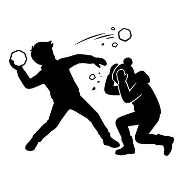Kids Snowball Fight Black and White silhouette vector illustration