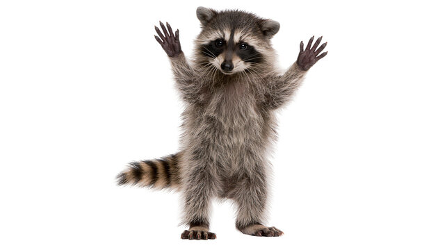 Fluffy raccoon with striped tail standing on hind legs arms raised, isolated on transparent background