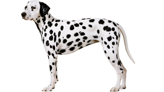 Elegant Dalmatian dog with black spots, standing proudly isolated on transparent background