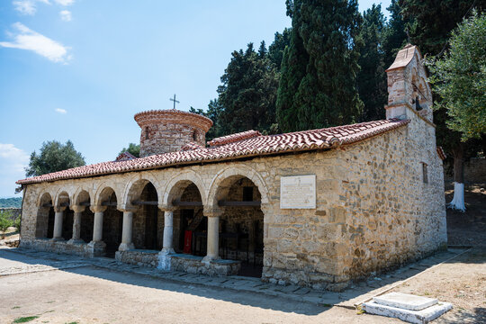Apollonia Archaeological Park. Ancient stone church with arched columns in Fier, Albania.