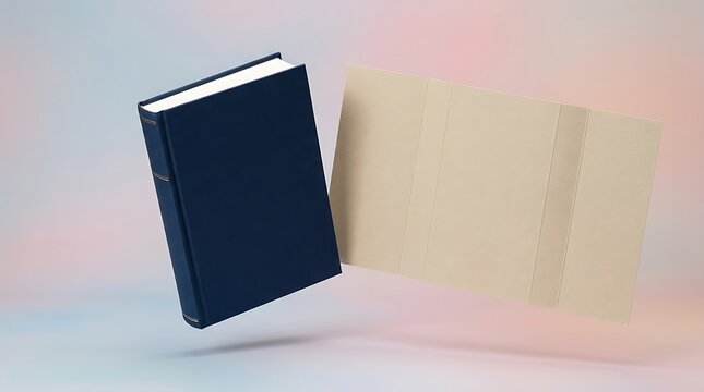 Floating dark blue hardcover book with an open beige dust jacket mockup