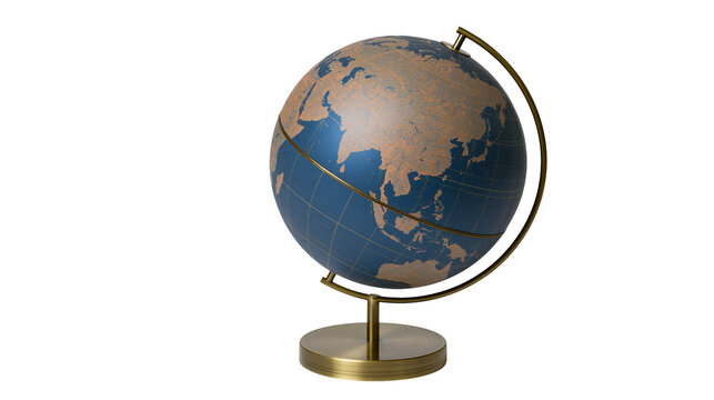 Antique blue and brown globe with brass stand, isolated on transparent background