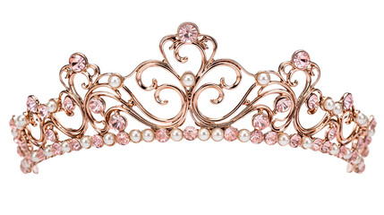 Rose gold tiara with pink crystals and pearls, isolated on transparent background © Matteo