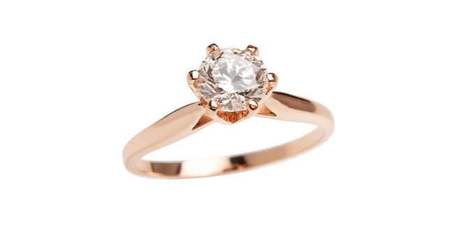 Rose gold solitaire diamond engagement ring sparkling precious gemstone, isolated on transparent background