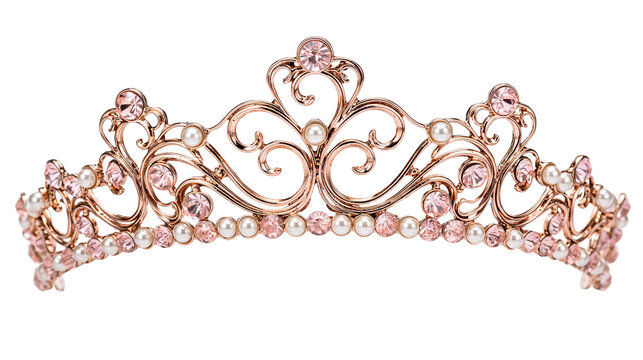 Rose gold tiara with pink crystals and pearls, isolated on transparent background