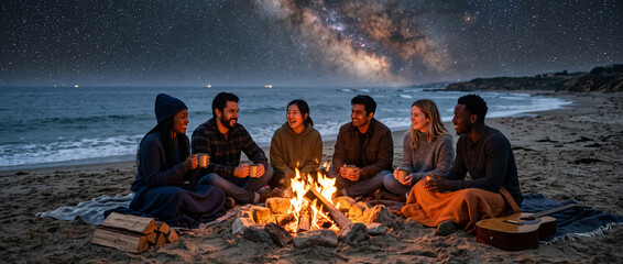 Friends Gathered Around Campfire on Beach Under Starry Milky Way Night Sky © Maxime