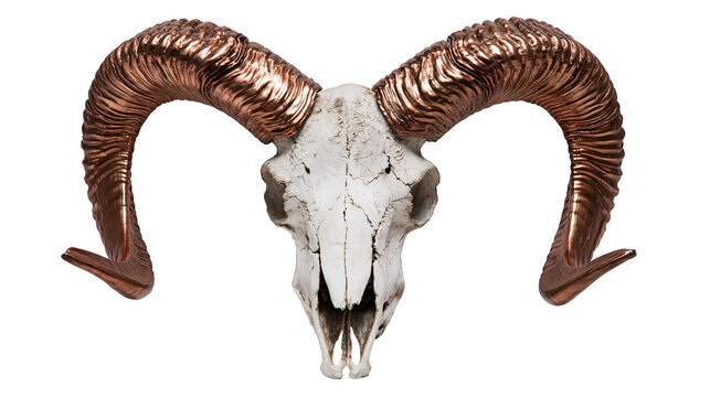 Ram skull with ornate copper horns, isolated on transparent background