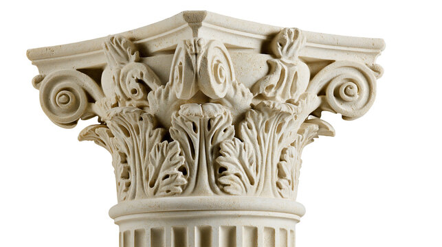 Ornate Corinthian column capital with acanthus leaves and volutes, isolated on transparent background
