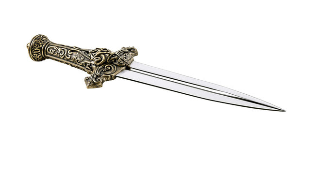 Ornate antique dagger with detailed metal handle, isolated on transparent background
