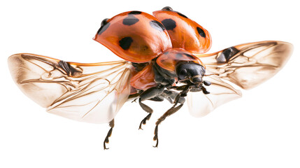 Orange ladybug with black spots spreading transparent wings, isolated on transparent background © Matteo