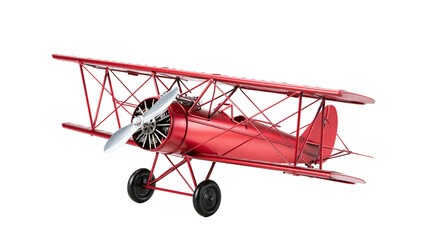 Shiny red metal biplane model with silver propeller, isolated on transparent background © Matteo