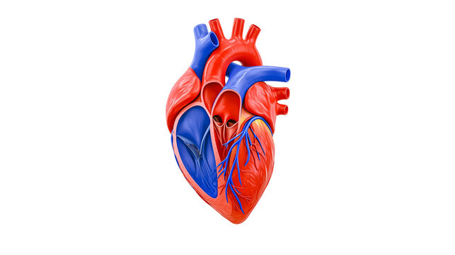 Detailed human heart anatomy with red arteries and blue veins, isolated on transparent background