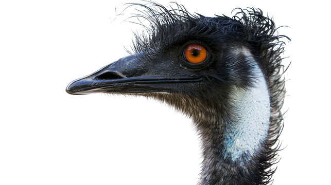 Close-up profile of an emu head with orange eye, isolated on transparent background