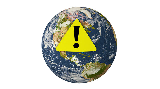 Earth planet with yellow warning sign and exclamation mark, isolated on transparent background