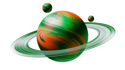 Swirling green and orange planet with rings and moons, isolated on transparent background © Matteo