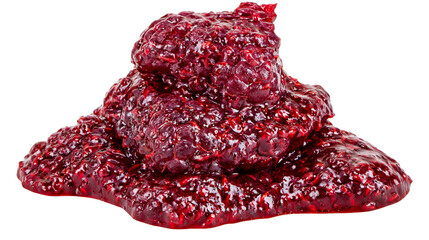 Heap of dark red raspberry jam with visible fruit pieces, isolated on transparent background © Matteo