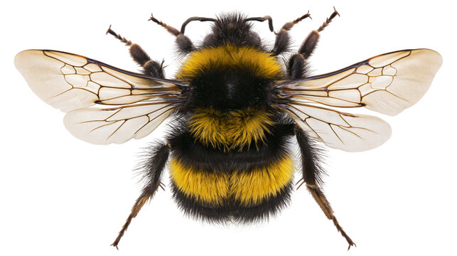 Fluffy bumblebee with yellow and black stripes wings spread, isolated on transparent background
