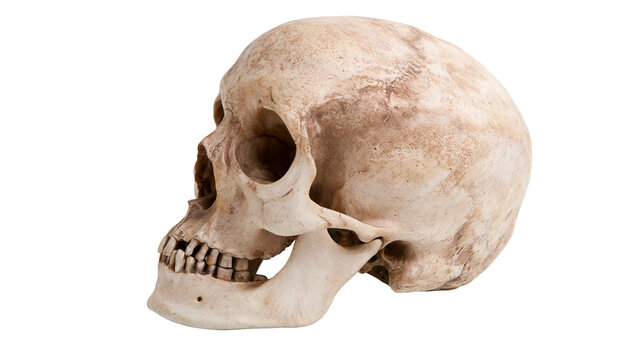Weathered human skull with visible teeth and eye sockets, isolated on transparent background