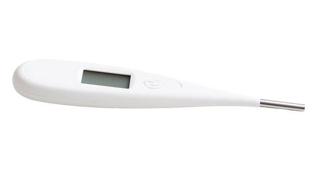 White digital thermometer with metallic tip and LCD screen, isolated on transparent background