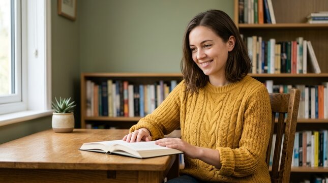 Smiling young woman in a mustard yellow cable knit sweater reading a book. Happy female student studying at a wooden desk with bookshelves. Cozy home library lifestyle portrait