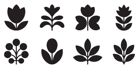 Abstract botanical leaf and flower icons in solid black silhouette perfect for natural skincare branding and eco friendly graphics. © Md Nurujjaman221