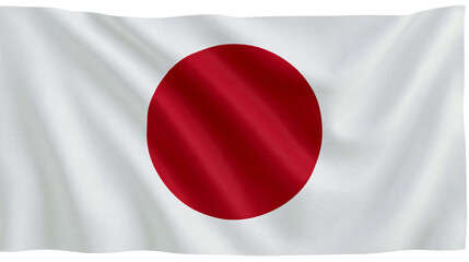 Waving Japanese flag with red circle on white fabric, isolated on transparent background