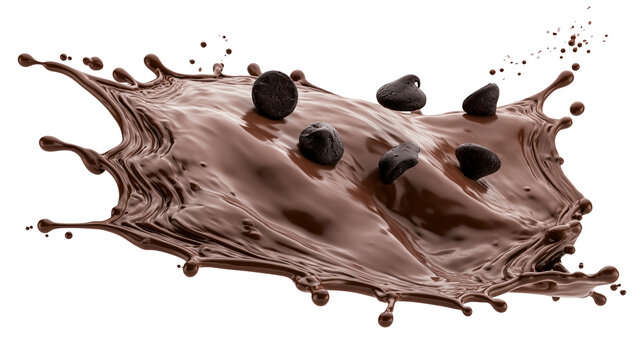 Dark chocolate chips splashing into liquid chocolate, isolated on transparent background