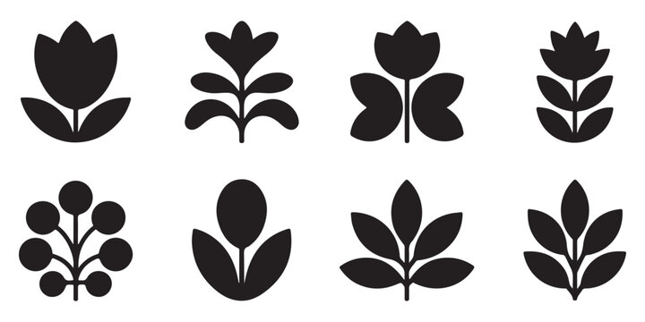 Abstract botanical leaf and flower icons in solid black silhouette perfect for natural skincare branding and eco friendly graphics.
