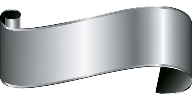 Curved metallic silver ribbon banner with rolled edges, isolated on transparent background