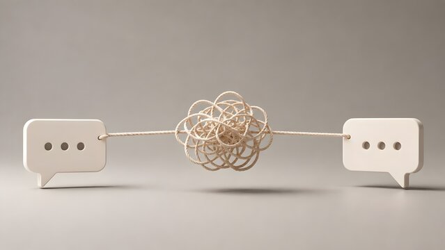 3D concept of communication breakdown with two beige speech bubbles connected by a complex tangled rope knot representing misunderstanding and problem solving