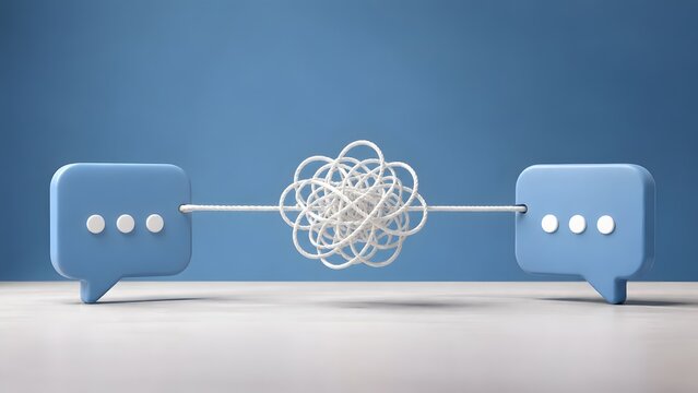 Blue 3D speech bubbles connected by a tangled knot of white rope illustrating complicated business communication networking problems and conflict resolution