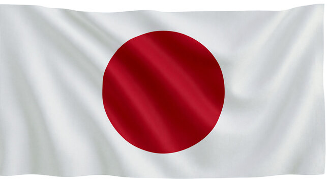 Waving Japanese flag with red circle on white fabric, isolated on transparent background