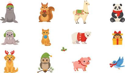 Obraz premium Cute Winter Christmas Animal Vector Character Set featuring Polar Bear, Dog, Seal, and Owl Wearing Festive Sweaters, Scarves, and Hats for Holiday Designs