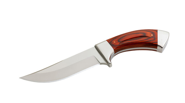 Polished steel blade knife with curved wooden handle, isolated on transparent background